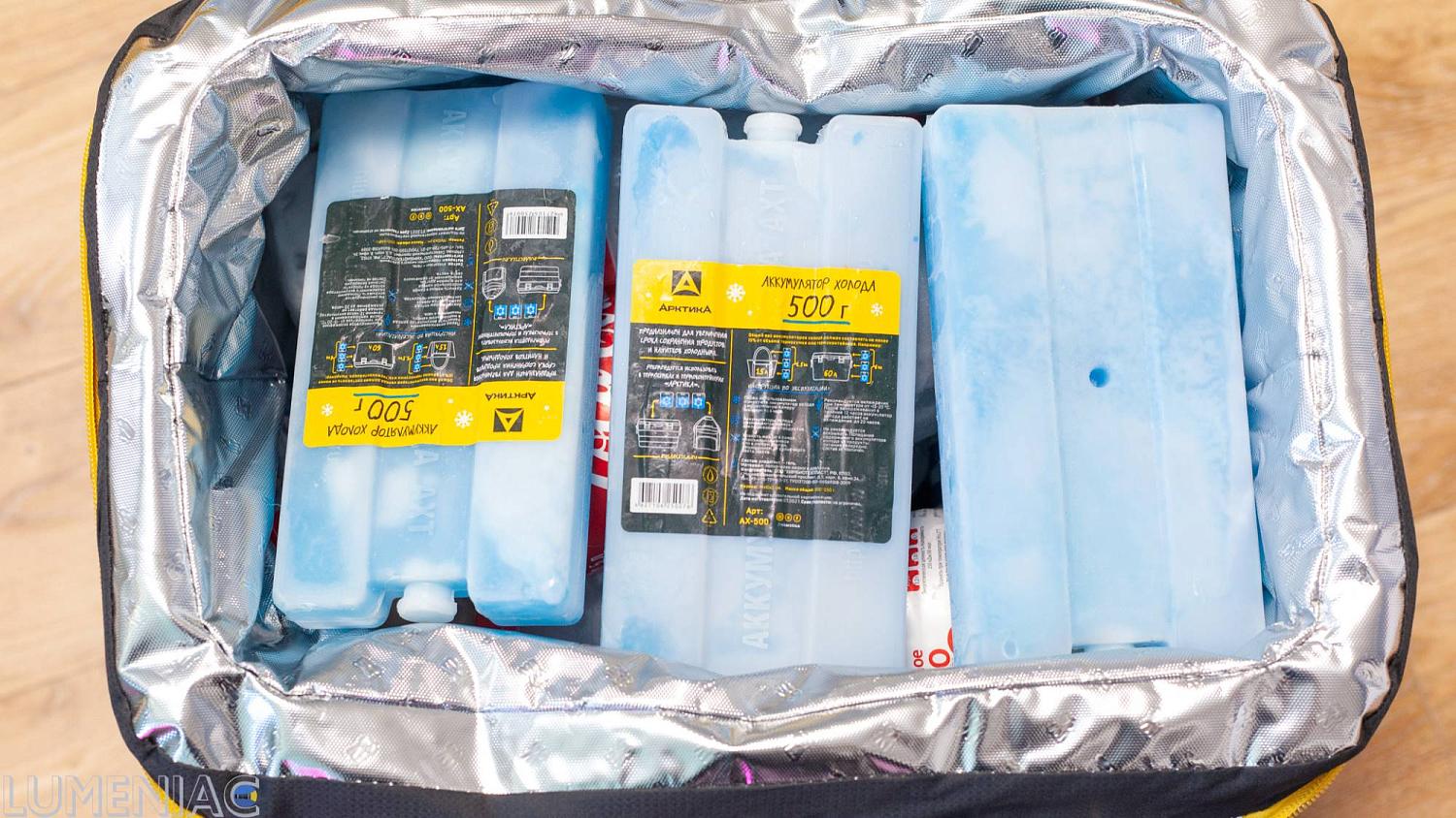 Для сумки объемом 30 литров потребуется 6 аккумуляторов холода по 500 г.