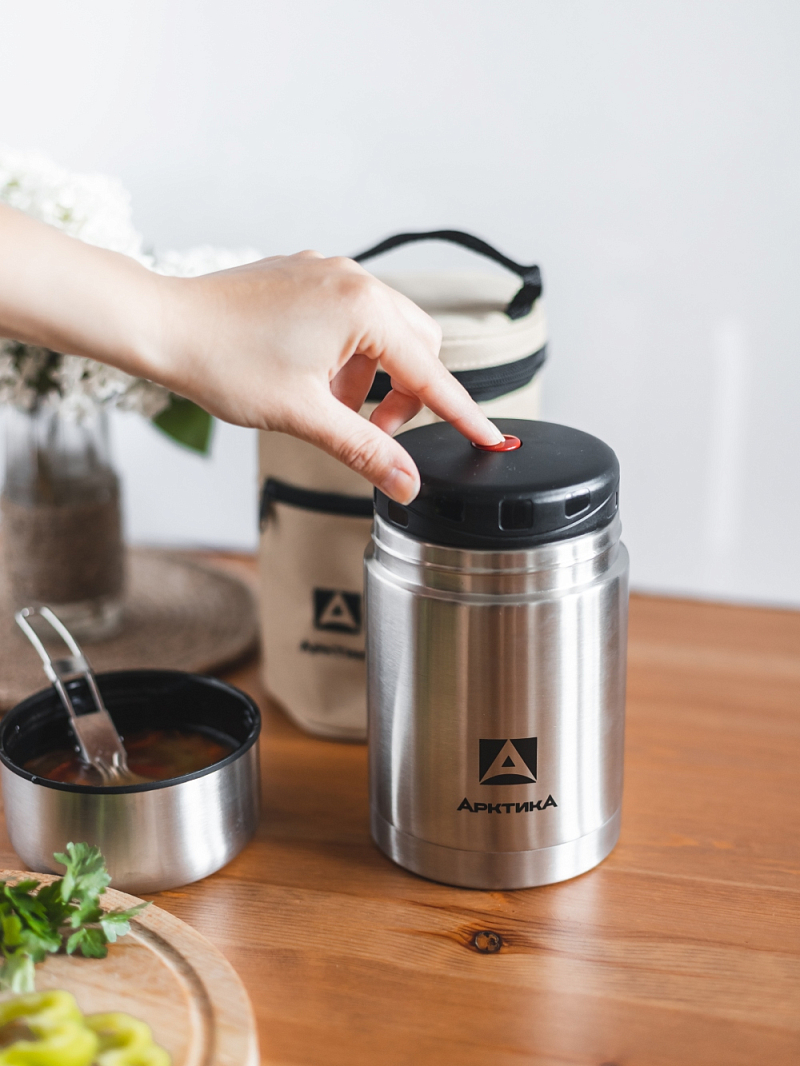 Термос 0.75л серии 301 для еды стальной с широким горлом и чехлом - 6