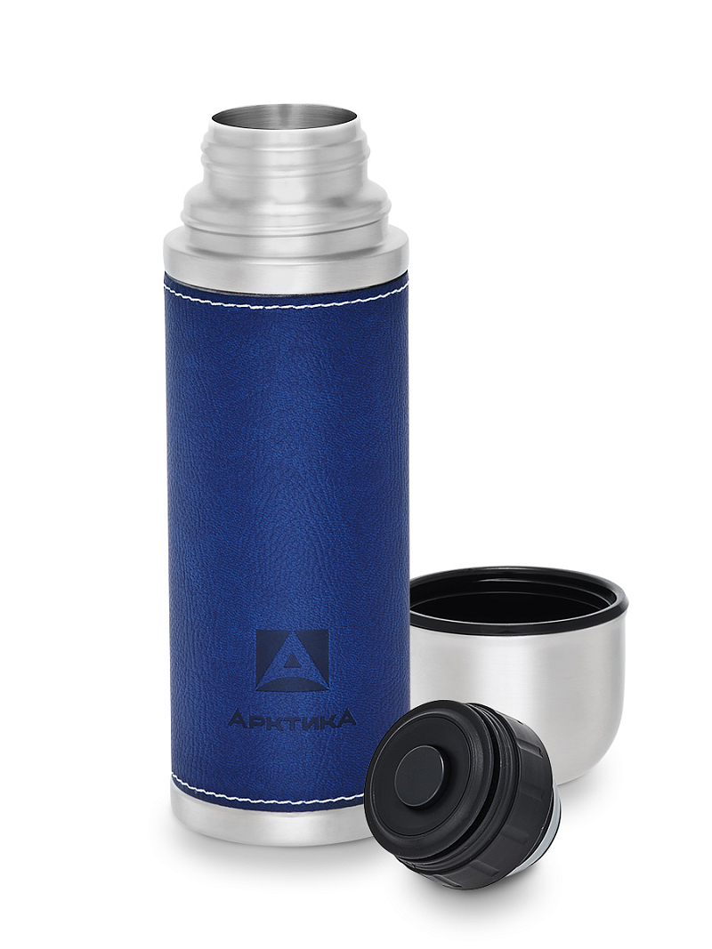 Термос 0.5л серии 108 с синей оплёткой из экокожи - 3