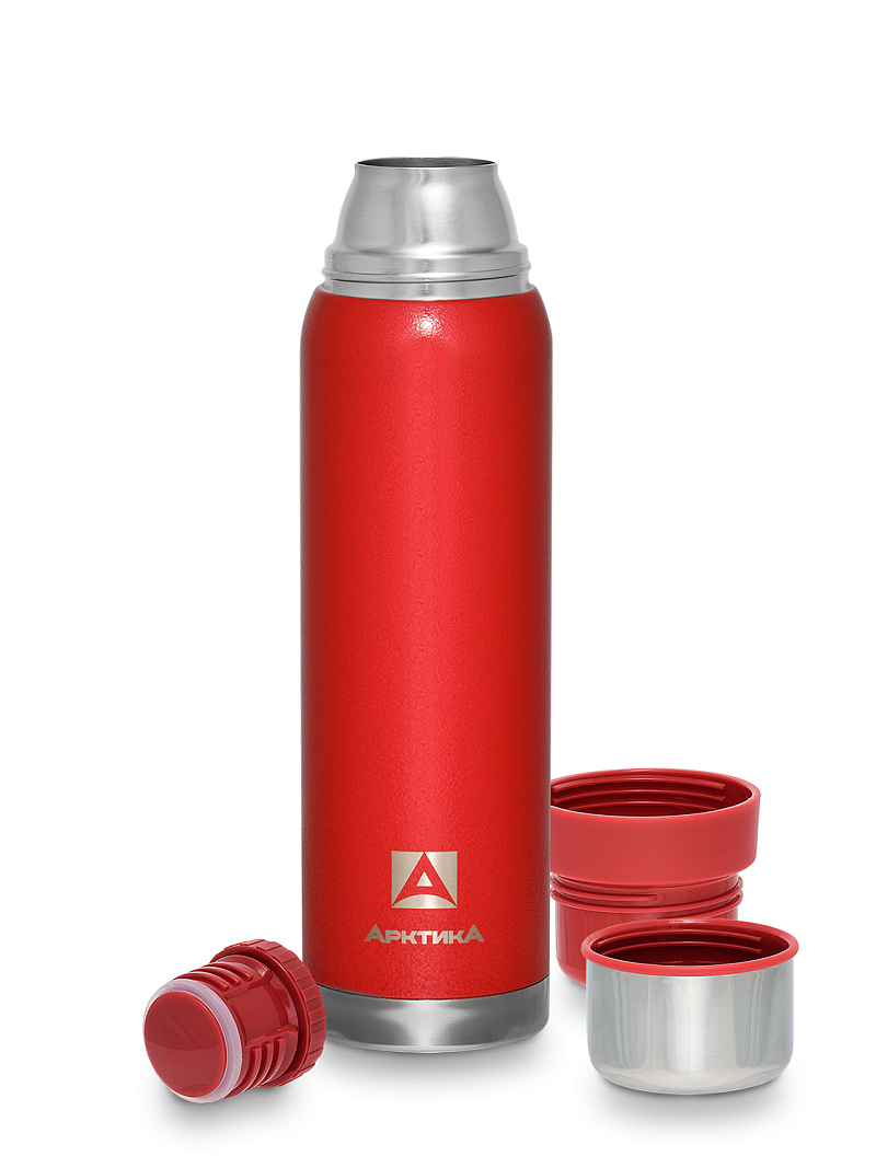 Термос 0.9л серии 106 красный с узким горлом и молотковой эмалью - 3