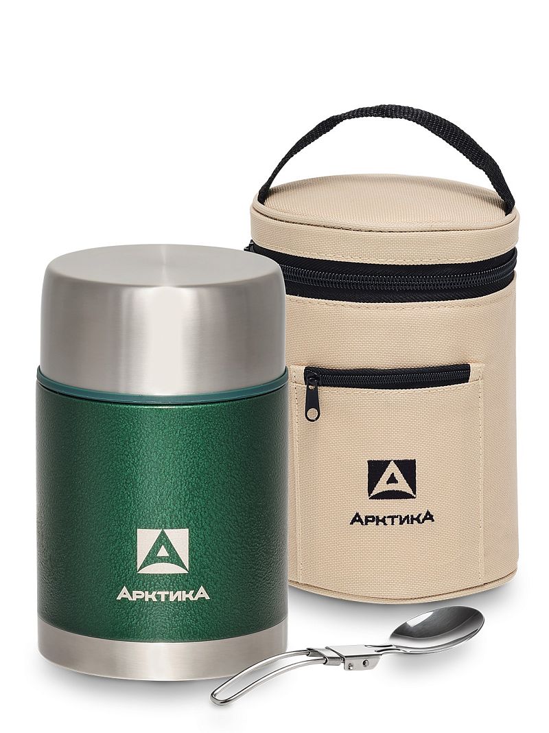 Зеленый термос с чехлом и складной ложкой на 0.8л (уценка) - 1